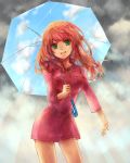 1girl brown_hair green_eyes highres long_hair looking_at_viewer nike_remercier rain smile solo soredemo_sekai_wa_utsukushii umbrella 