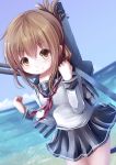  1girl anchor_symbol apple228 beach brown_eyes brown_hair clenched_hands commentary_request hands highres inazuma_(kantai_collection) kantai_collection looking_at_viewer missile228 personification short_hair smile solo tagme turret 