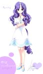  1girl blue_eyes breasts character_name cleavage dress drill_hair earrings full_body high_heels horn jewelry long_hair my_little_pony my_little_pony_friendship_is_magic personification purple_hair rarity sakurano_tsuyu short_sleeves smile solo standing very_long_hair white_background white_dress 