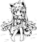  1girl :c ahoge animal_ears barefoot blush brooch collarbone imaizumi_kagerou jewelry long_hair long_sleeves monochrome natsu_no_koucha off_shoulder oversized_clothes shirt sitting skirt solo touhou very_long_hair wide_sleeves wolf_ears 