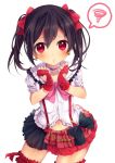  1girl black_hair blush bow earrings gloves hair_bow idol jewelry looking_at_viewer love_live!_school_idol_project navel red_eyes rinndouk short_hair solo spoken_squiggle squiggle thigh-highs twintails white_background yazawa_nico 