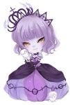  1girl asame21 breasts candle chandelure chibi cleavage crown detached_sleeves dress full_body grey_hair grey_skin litwick long_sleeves personification pokemon pokemon_(game) puffy_sleeves purple_dress short_hair short_sleeves smile solo white_background yellow_eyes 
