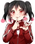  1girl \m/ black_hair blush bow finger_to_mouth hair_bow kuromiwa-38 looking_at_viewer love_live!_school_idol_project red_eyes smile solo tagme track_suit twintails yazawa_nico 