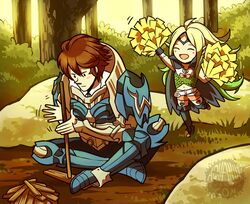  1boy 1girl ^_^ aquanut armor blush_stickers boots brown_hair cape closed_eyes fire_emblem fire_emblem:_kakusei forest frederik_(fire_emblem) garter_straps green_hair indian_style nature nowi_(fire_emblem) open_mouth pom_poms sitting smile tree 