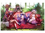  5girls alternate_costume bat_wings black_gloves blonde_hair blue_hair braid couch crescent cup flandre_scarlet flower gloves grass hat hong_meiling izayoi_sakuya long_hair looking_at_viewer multiple_girls patchouli_knowledge purple_hair red_eyes redhead remilia_scarlet shikido short_hair silver_hair sitting touhou twin_braids violet_eyes wine_glass wings 