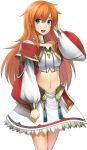  1girl artist_request bare_shoulders character_request choker crop_top earrings green_eyes highres jewelry langrisser long_hair midriff navel official_art orange_hair skirt smile solo stomach white_background white_skirt 