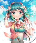  1girl :o aqua_eyes aqua_hair blue_sky breasts cherry_blossoms cleavage clouds flower gumi hair_flower hair_ornament hands_on_headphones head_wings headphones highres looking_at_viewer midriff navel nou open_mouth open_vest petals sky solo tears tubetop under_boob vocaloid wrist_cuffs 