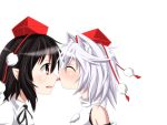  2girls animal_ears bare_shoulders black_hair blush closed_eyes detached_sleeves ears evandragon face_licking hat inubashiri_momiji licking multiple_girls open_mouth pointy_ears pom_pom_(clothes) red_eyes shameimaru_aya shirt short_hair silver_hair simple_background surprised tokin_hat tongue tongue_out touhou white_background white_shirt wolf_ears 