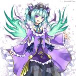 1girl aqua_hair astaroth_(p&amp;d) chisa dress headdress looking_at_viewer open_mouth purple_dress puzzle_&amp;_dragons short_hair smile solo two_side_up violet_eyes wings 