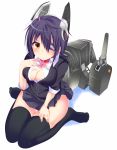  1girl breasts collar eyepatch hand_on_own_chest hand_on_thigh haruta_(806060) headgear jewelry kantai_collection looking_at_viewer personification purple_hair ring school_uniform short_hair sitting tenryuu_(kantai_collection) thighhighs wariza wedding_band yellow_eyes 
