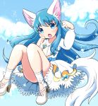  1girl :o animal_ears blue_eyes blue_hair blush cat_ears cat_tail clouds frills happinesscharge_precure! kemonomimi_mode kemoribon long_hair payot precure shirayuki_hime shoes skirt sky solo tail white_skirt 