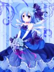  1girl alternate_costume bare_shoulders blue_background blue_eyes blue_hair blue_rose border bouquet bow choker cirno dress elbow_gloves flower gloves hair_bow hair_ornament layered_skirt light_smile looking_at_viewer rose short_hair solo star starry_background strapless_dress takojiru touhou wedding_dress wings 