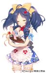  1girl apron baking blue_dress blue_hair bow breasts byulzzimon cleavage closed_eyes dress hair_bow hair_ornament hairclip long_hair official_art original sengoku_gensoukyoku smile solo thigh-highs twintails watermark white_background white_legwear 