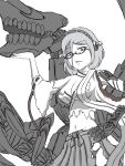  1girl bare_shoulders breasts broken_glass cyborg dark_persona detached_sleeves glass glasses hairband highres japanese_clothes kantai_collection kirishima_(kantai_collection) monochrome ogawa-syou personification rough shinkaisei-kan short_hair skirt solo torn_clothes white_background 