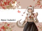  1girl animal_ears autumn_leaves bare_shoulders blush breasts character_name detached_sleeves fang hat highres inubashiri_momiji leaf looking_up max_(maximax) midriff navel open_mouth pom_pom_(clothes) red_eyes shirt short_hair silver_hair solo tail touhou white_shirt wolf_ears wolf_tail 