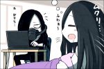  2girls black_hair blanket closed_eyes comic computer drooling ka-class_submarine kantai_collection kei-suwabe laptop long_hair multiple_girls one_eye_covered pale_skin shinkaisei-kan translated yo-class_submarine 