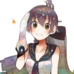  1girl bare_shoulders brown_eyes brown_hair cannon itomugi-kun kantai_collection personification sakawa_(kantai_collection) salute short_hair smile turret 