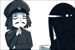  1boy 1girl abyssal_admiral_(kantai_collection) beard black_hair comic facial_hair hat kantai_collection kei-suwabe long_hair mustache naval_uniform pale_skin papers ru-class_battleship shinkaisei-kan silent_comic 