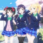  3girls ayase_eli black_hair blonde_hair blue_eyes bow breasts cherry_blossoms green_eyes hair_bow largo_(largo-hal2001k91) long_hair looking_at_viewer love_live!_school_idol_project multiple_girls open_mouth ponytail purple_hair red_eyes school_uniform skirt smile toujou_nozomi twintails yazawa_nico 