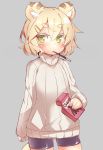  animal_ears bike_shorts blonde_hair eating green_eyes grey_background looking_at_viewer original pocky short_hair simple_background sweater tail tiger_ears tiger_tail tomcat_(moconeko) toramimi-senpai 