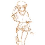 1girl eyelashes fashion gacchahero happy hat heartcatch_precure! looking_at_viewer monochrome myoudouin_itsuki poncho precure shorts simple_background sketch smile solo tagme white_background 
