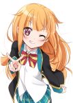  1girl amatsuka_mao blush gj-bu grin highres long_hair long_sleeves looking_at_viewer mousou_(mousou_temporary) one_eye_closed orange_hair school_uniform simple_background smile solo v white_background wink 