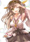  1girl armpits bare_shoulders breasts brown_hair bubble collarbone detached_sleeves highres kantai_collection kongou_(kantai_collection) long_hair long_sleeves looking_at_viewer nontraditional_miko one_eye_closed open_mouth sash shirt skirt smile solo velia very_long_hair wide_sleeves wink 