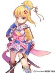  1girl armor blonde_hair boots bow byulzzimon dress floral_print frills frown hair_bow hair_ornament hair_up hairclip holding_weapon japanese_clothes katana long_sleeves official_art original red_eyes sengoku_gensoukyoku solo standing sword watermark weapon white_background 