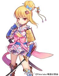  1girl armor blonde_hair boots bow byulzzimon dress floral_print frills frown hair_bow hair_ornament hair_up hairclip holding_weapon japanese_clothes katana long_sleeves official_art original red_eyes sengoku_gensoukyoku solo standing sword watermark weapon white_background 