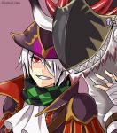  1boy argyle argyle_scarf ascot bandage_over_one_eye bust chisa dragon edward_teach_(p&amp;d) grin hat pirate pirate_hat puzzle_&amp;_dragons red_eyes scarf sharp_teeth smile solo white_hair 