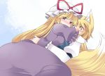  2girls blush commentary_request dress elbow_gloves fox fox_tail gloves hammer_(sunset_beach) hat hug long_hair multiple_girls no_hat purple_dress short_hair tail touhou violet_eyes white_gloves yakumo_ran yakumo_yukari yellow_eyes 