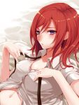  1girl blush breasts love_live!_school_idol_project navel nishikino_maki redhead ribbon short_hair simon_(n.s_craft) solo undressing violet_eyes 