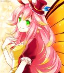  1girl bust butterfly_wings chisa green_eyes hat long_hair mini_top_hat parrot_(p&amp;d) pink_hair puzzle_&amp;_dragons smile solo top_hat wings 