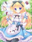  1girl alice_(wonderland) alice_in_wonderland black_legwear blonde_hair blue_eyes breasts card cleavage dress hat kouta. long_hair mini_top_hat playing_card pocket_watch rabbit solo thigh-highs top_hat watch 