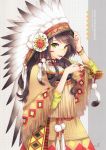  1girl absurdres bangs bodypaint bracelet brown_hair facepaint facial_mark feathers flower fringe green_eyes headdress highres jewelry long_hair nardack native_american native_american_headdress open_mouth original pipe ring simple_background skirt solo warbonnet white_background 