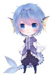  1girl asame21 blue_eyes blue_hair boots chibi full_body head_fins long_sleeves pants personification pokemon pokemon_(game) shirt short_hair sleeves_past_wrists smile solo standing tail vaporeon white_background 