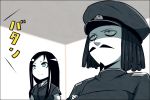  1boy 1girl abyssal_admiral_(kantai_collection) beard black_hair blue_eyes comic facial_hair hat kantai_collection kei-suwabe long_hair mustache naval_uniform pale_skin ru-class_battleship shaded_face shinkaisei-kan translated 