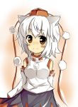  1girl animal_ears bare_shoulders blush breasts detached_sleeves hat highres inubashiri_momiji looking_at_viewer pom_pom_(clothes) red_eyes shirt short_hair silver_hair skirt smile solo touhou white_shirt wolf_ears 