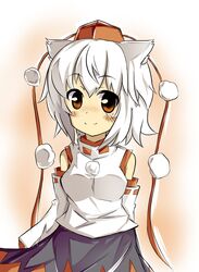  1girl animal_ears bare_shoulders blush breasts detached_sleeves hat highres inubashiri_momiji looking_at_viewer pom_pom_(clothes) red_eyes shirt short_hair silver_hair skirt smile solo touhou white_shirt wolf_ears 