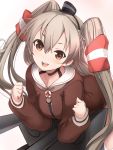 1girl :d amatsukaze_(kantai_collection) brown_eyes cannon gloves kantai_collection long_hair looking_at_viewer open_mouth personification red_legwear rensouhou-kun school_uniform silver_hair smile sora_to_umi turret twintails two_side_up 