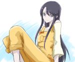  1girl blue_eyes cosplay crossover eyelashes gacchahero happinesscharge_precure! happy heartcatch_precure! long_hair looking_at_viewer oomori_yuuko oomori_yuuko_(cosplay) overalls precure purple_hair sitting sketch smile solo tsukikage_yuri 