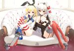  &gt;_&lt; 2girls amatsukaze_(kantai_collection) at-yui black_bra black_panties blonde_hair blue_skirt blush bra brown_eyes choker couch elbow_gloves embarrassed garter_straps gloves kantai_collection long_hair multiple_girls o_o panties personification petals pout red_legwear rensouhou-chan rensouhou-kun school_uniform serafuku shimakaze_(kantai_collection) silver_hair sitting skirt skirt_around_one_leg striped striped_legwear thigh-highs underwear undressing white_gloves 