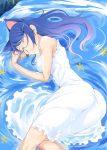  1girl animal_ears blue_hair cat_ears closed_eyes dress glasses hair_ornament hairclip hanekawa_tsubasa long_hair lying monogatari_(series) on_side smile solo usyuuri water white_dress 