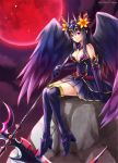  1girl bare_shoulders black_dress boots chisa dress elbow_gloves gloves long_hair moon persephone_(p&amp;d) puzzle_&amp;_dragons red_moon scythe sitting_on_rock solo strapless_dress thigh-highs thigh_boots tiara violet_eyes wings 