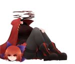 1girl arano_oki black_legwear bow breasts cape disembodied_head hair_bow large_breasts long_sleeves pantyhose red_eyes redhead sekibanki short_hair simple_background sitting skirt smile solo touhou white_background 