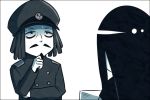  1boy 1girl abyssal_admiral_(kantai_collection) beard black_hair comic facial_hair hat kantai_collection kei-suwabe long_hair mustache naval_uniform pale_skin papers ru-class_battleship shaded_face shinkaisei-kan silent_comic sweatdrop 