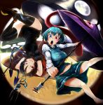  2girls ahoge arms_behind_back asymmetrical_wings bare_legs black_hair black_legwear blue_eyes blue_hair blush breasts dress full_moon grin heterochromia highres houjuu_nue karakasa_obake large_breasts midriff moon multiple_girls open_mouth polearm red_eyes sharp_teeth short_hair skirt smile snake tatara_kogasa thigh-highs toobon touhou ufo umbrella upside-down weapon wings 