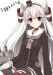  1girl amatsukaze_(kantai_collection) brown_eyes cannon garter_straps gloves kantai_collection long_hair personification red_legwear rensouhou-kun school_uniform silver_hair solo striped striped_legwear thigh-highs turret twintails two_side_up 