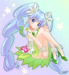 1girl absurdres alternate_form blue_eyes blue_hair cure_princess flower green_skirt hair_flower hair_ornament happinesscharge_precure! highres long_hair looking_at_viewer macadamia_hula_dance magical_girl precure shirayuki_hime skirt solo twintails v yupiteru 