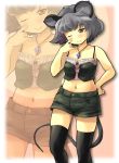  1girl alternate_costume animal_ears bare_arms black_legwear blush brown_eyes collarbone crop_top gem grey_hair jewelry looking_at_viewer midriff mouse_ears mouse_tail navel nazrin necklace nise_nanatsura one_eye_closed pendant shorts sleeveless sleeveless_shirt smile solo tail thigh-highs touhou wink zoom_layer 
